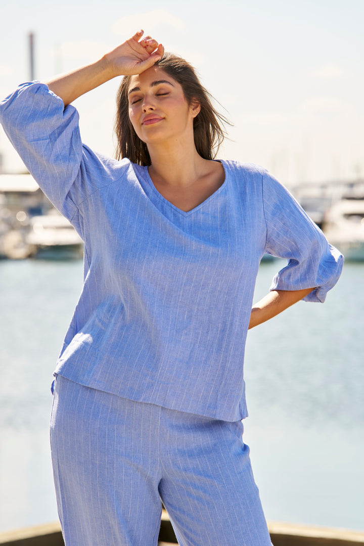 Betty Basics Elanora Linen Blouse Berry Blue Stripe