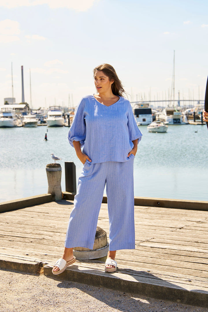 Betty Basics Elanora Linen Blouse Berry Blue Stripe