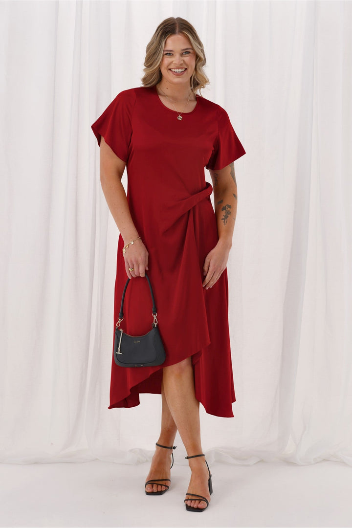 Celebration Amelia Satin Tuck Dress Wine