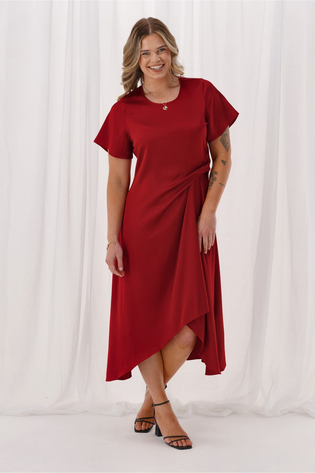 Celebration Amelia Satin Tuck Dress Wine