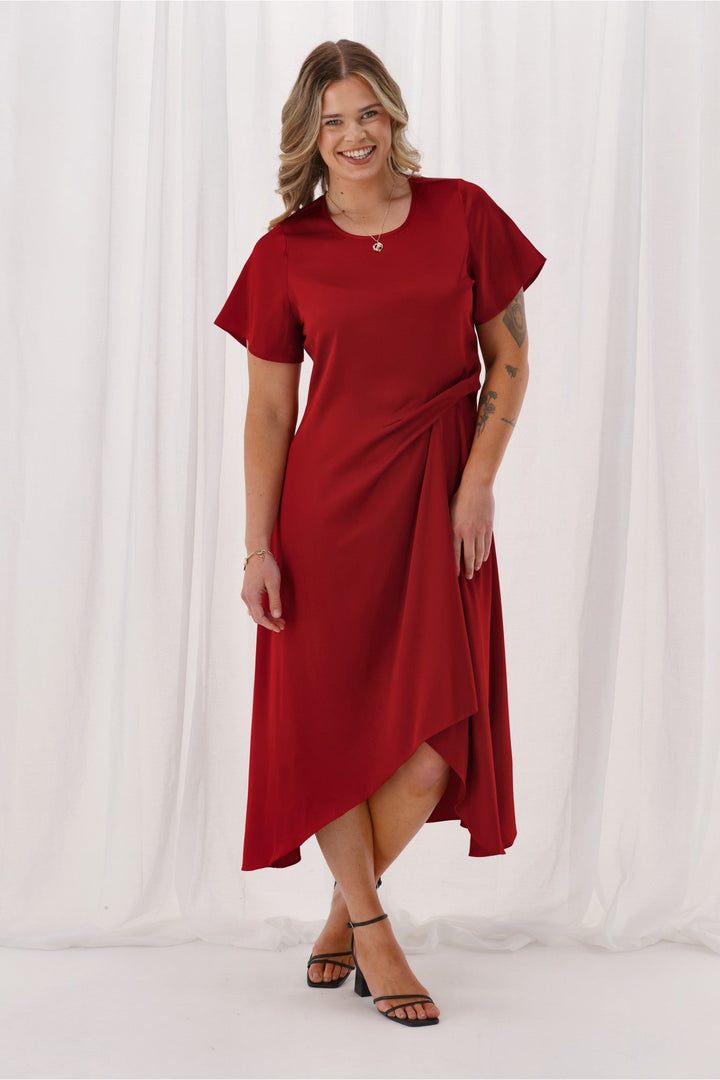Celebration Amelia Satin Tuck Dress Wine