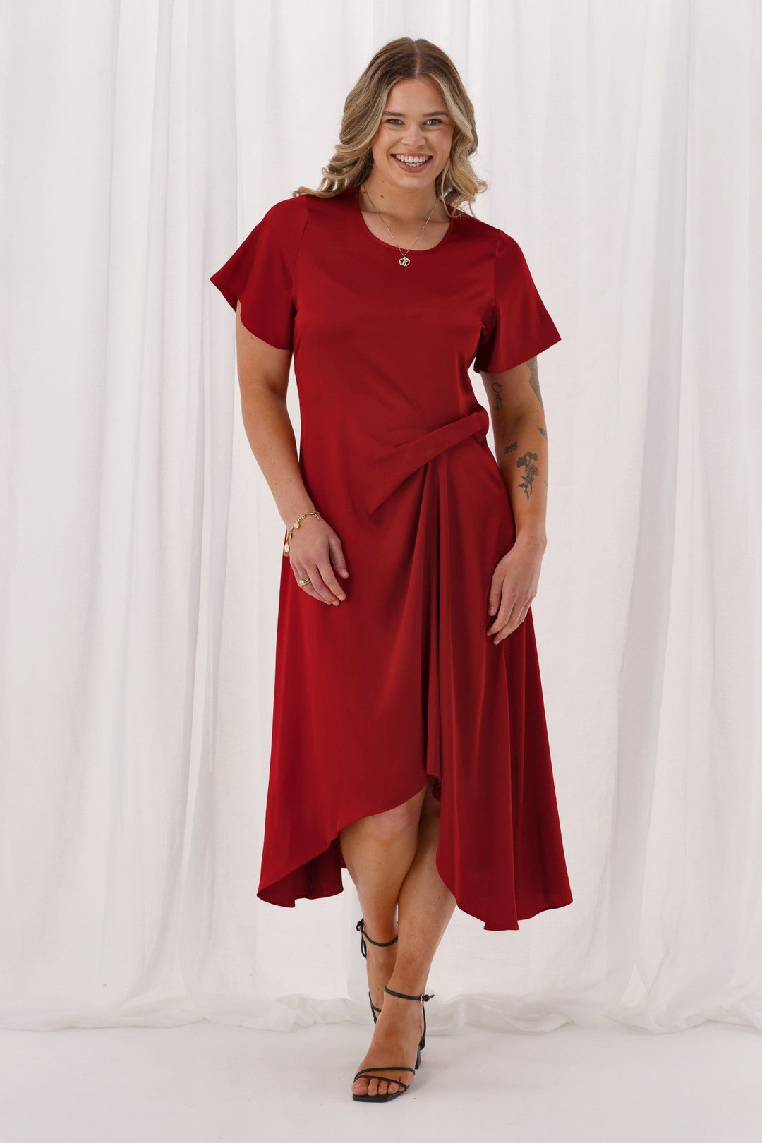Celebration Amelia Satin Tuck Dress Wine