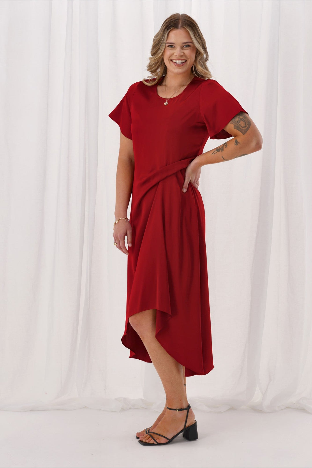 Celebration Amelia Satin Tuck Dress Wine