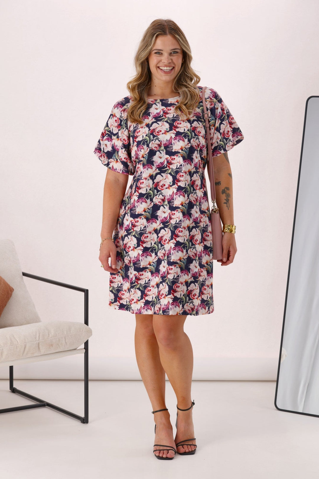 Celebration Ashley Puff Sleeve Shift Dress Navy Floral