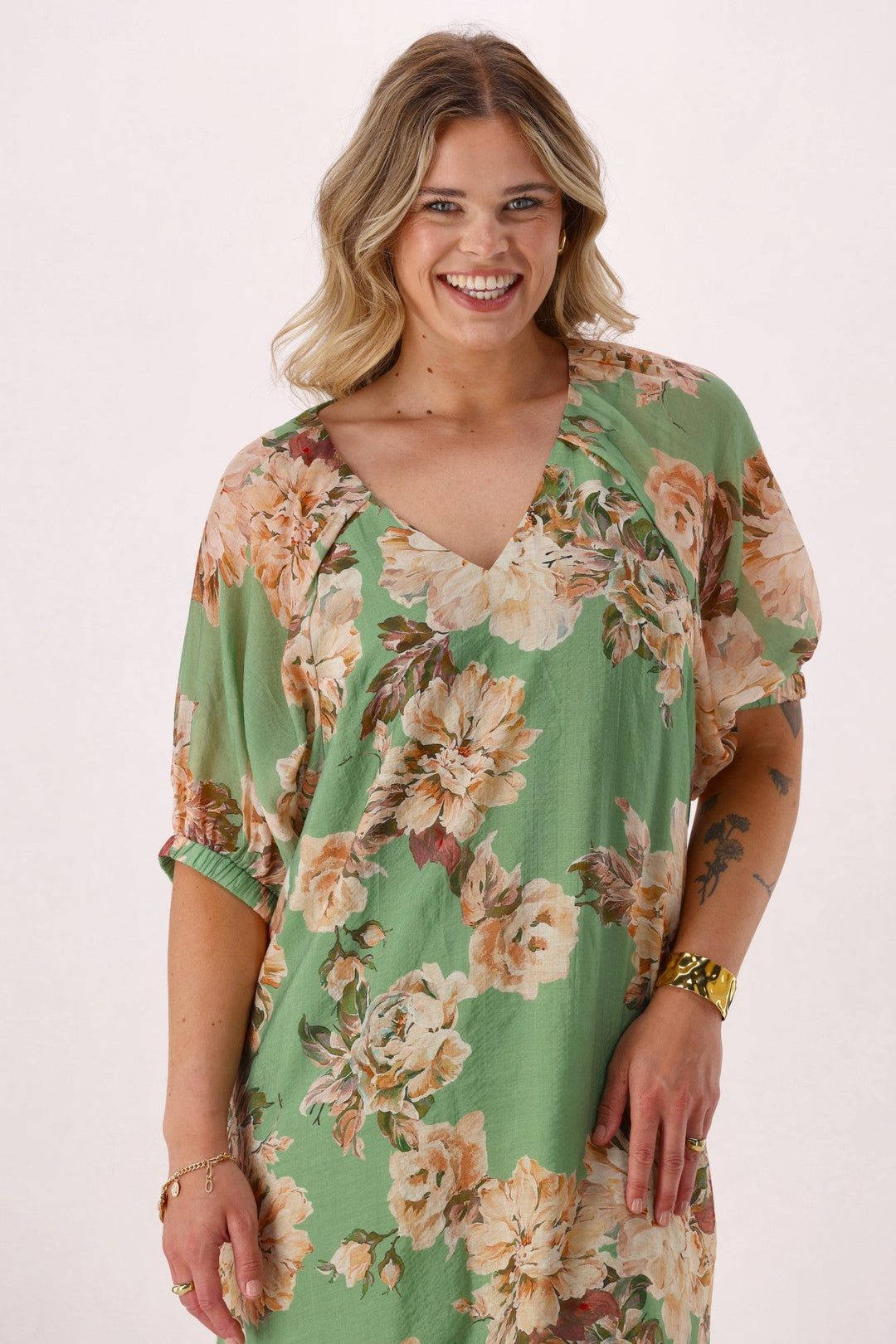 Celebration Betty Blouson Sleeve Dress Green Floral