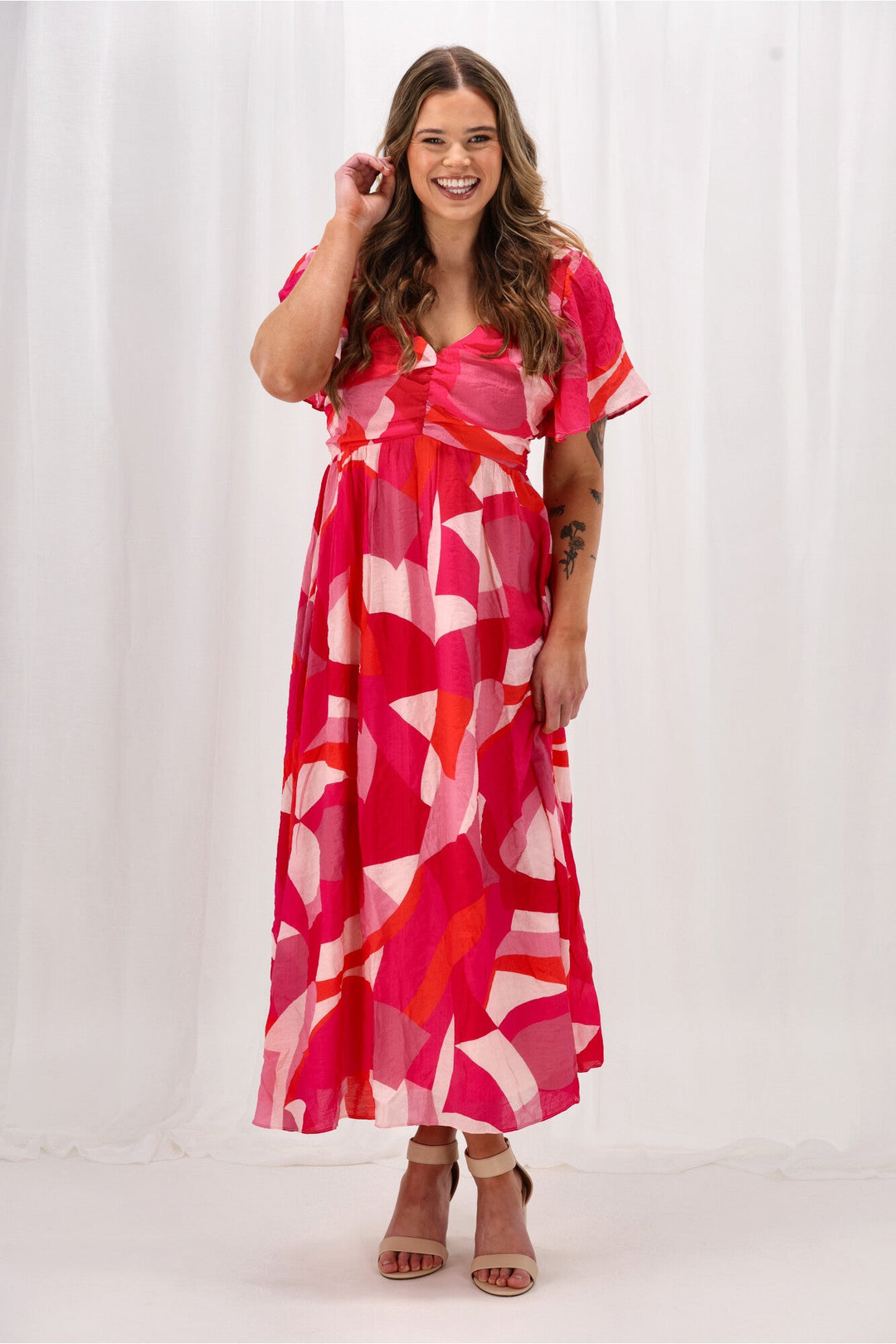 Celebration Tenor Maxi Flutter Sleeve Dress Geo Print Pink Orange