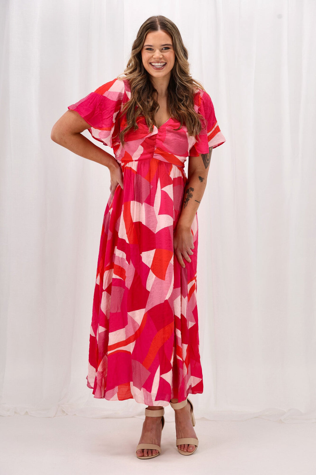 Celebration Tenor Maxi Flutter Sleeve Dress Geo Print Pink Orange