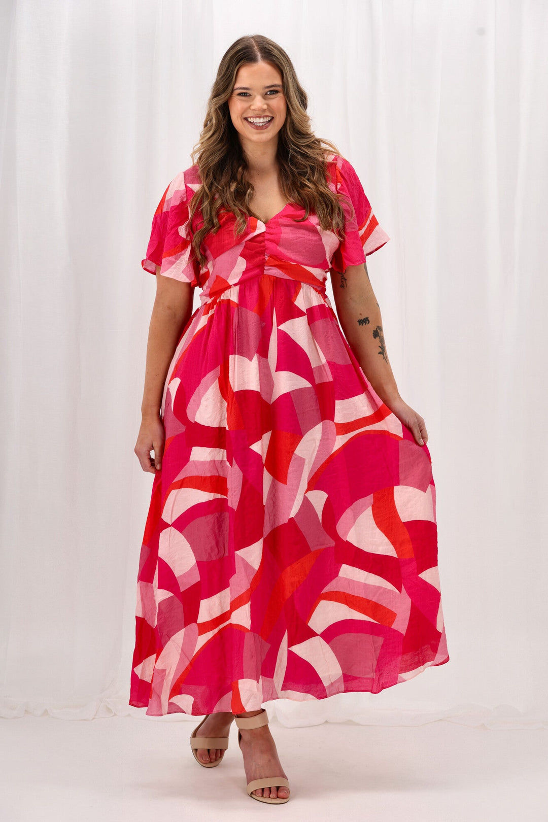 Celebration Tenor Maxi Flutter Sleeve Dress Geo Print Pink Orange