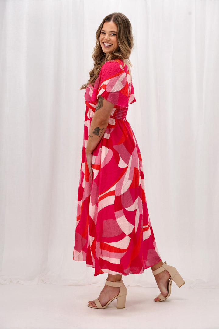 Celebration Tenor Maxi Flutter Sleeve Dress Geo Print Pink Orange