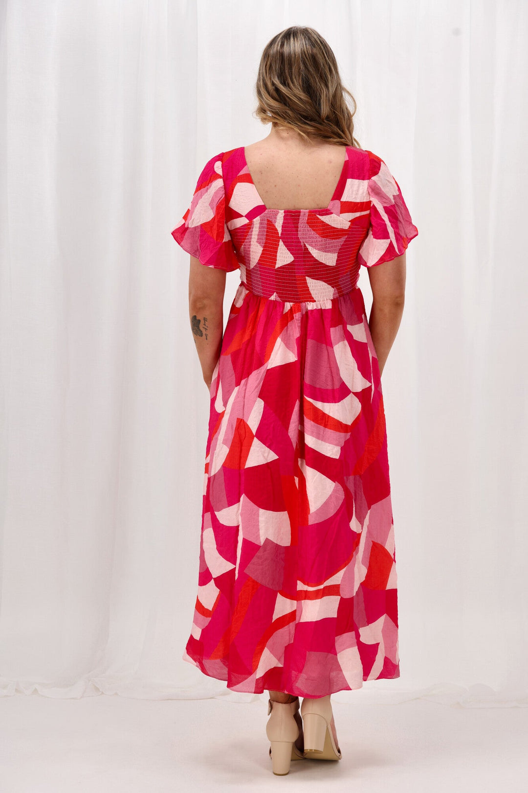 Celebration Tenor Maxi Flutter Sleeve Dress Geo Print Pink Orange