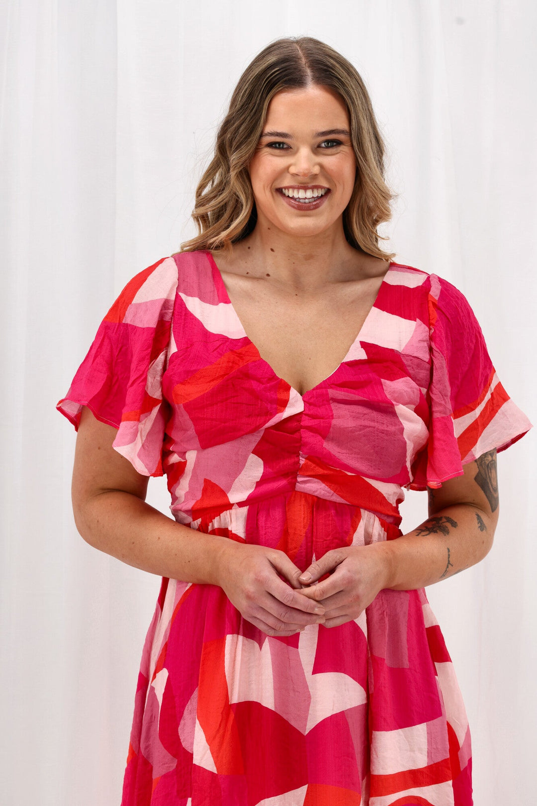 Celebration Tenor Maxi Flutter Sleeve Dress Geo Print Pink Orange