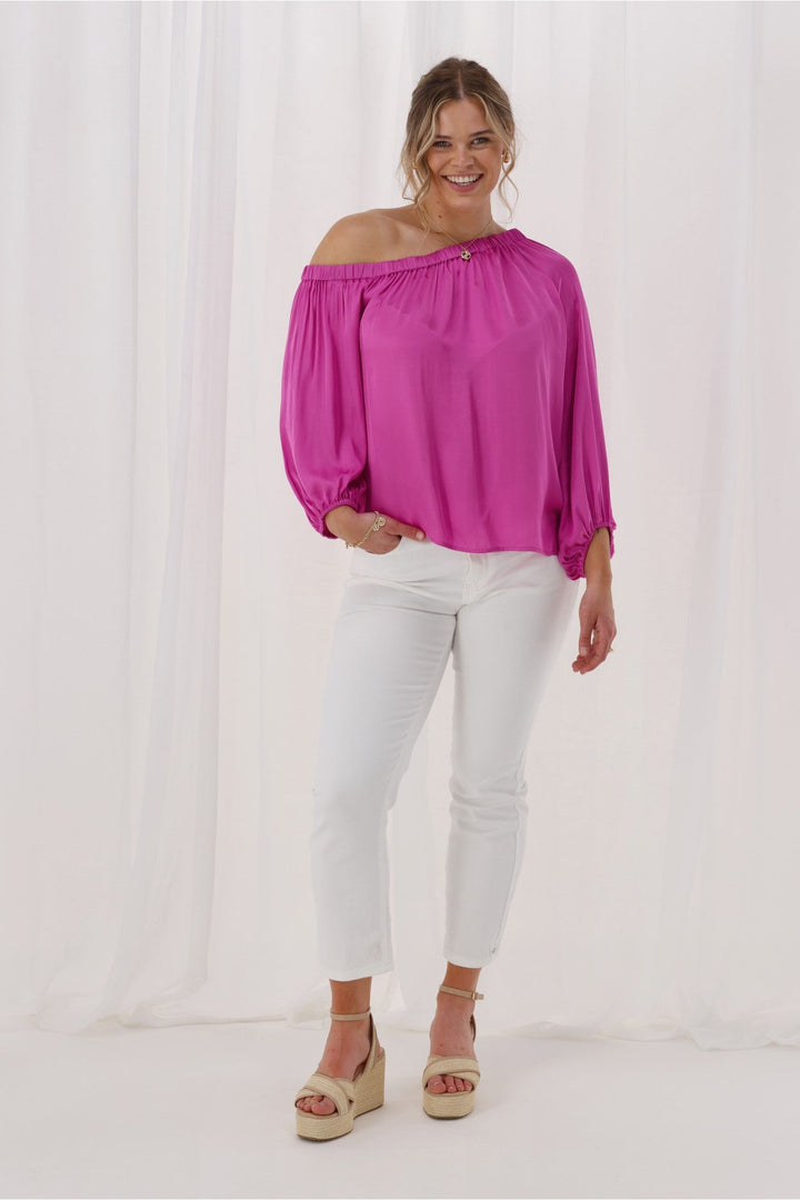 Celebrations Amerie Off The Shoulder Top Satin Fuchsia