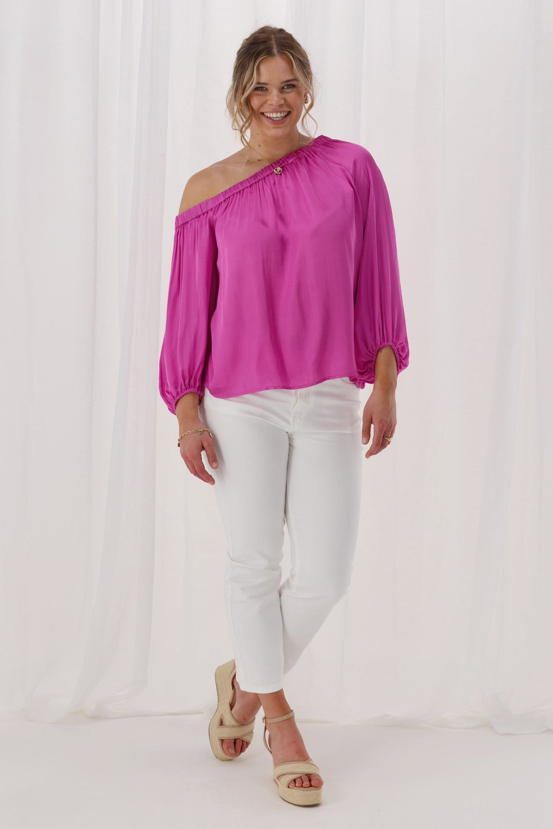 Celebrations Amerie Off The Shoulder Top Satin Fuchsia