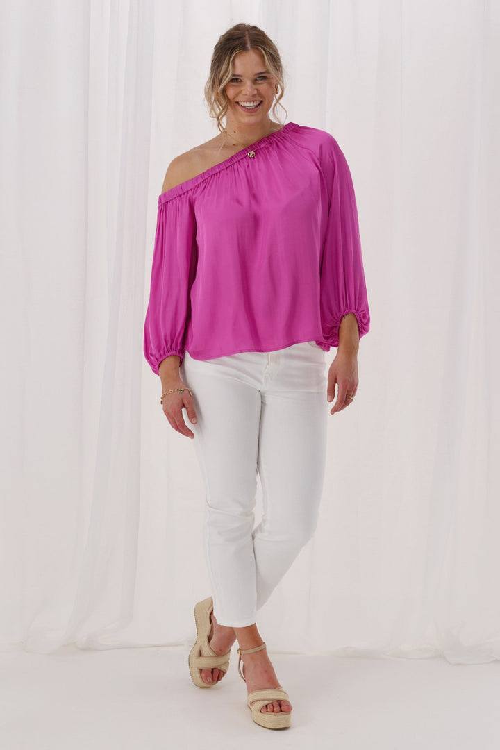 Celebrations Amerie Off The Shoulder Top Satin Fuchsia