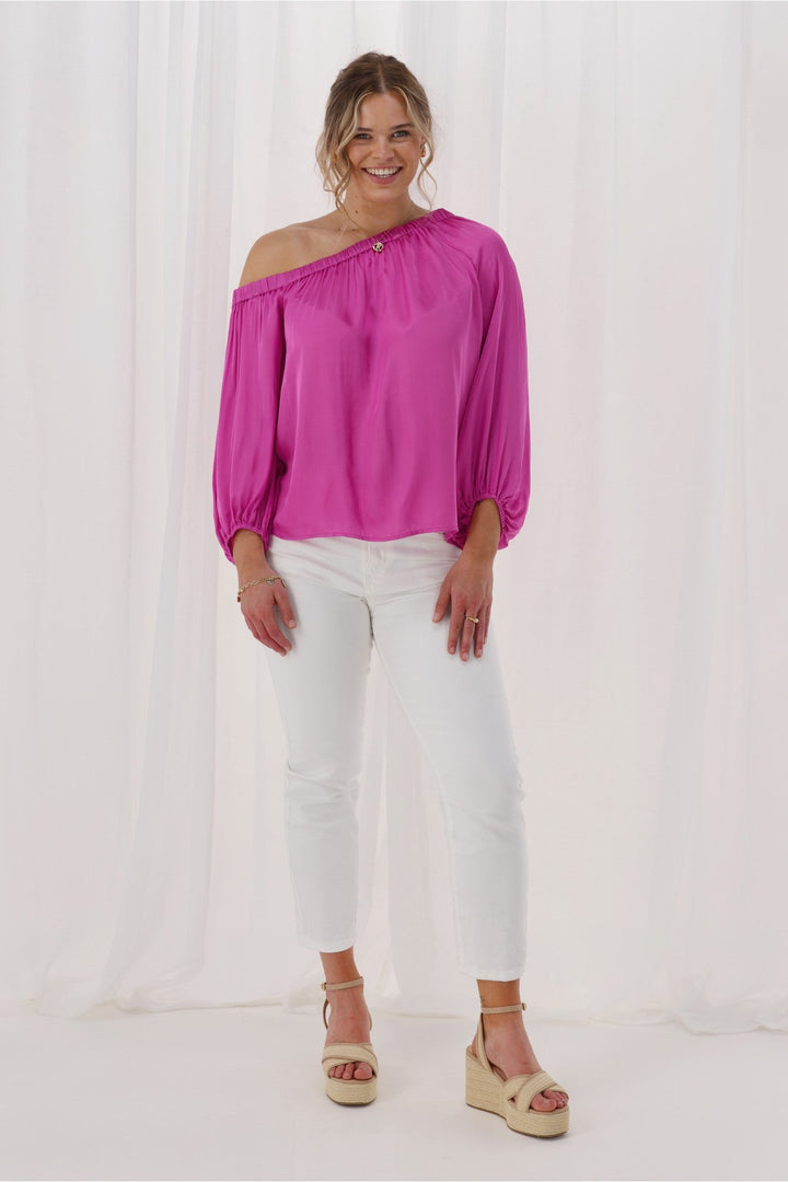 Celebrations Amerie Off The Shoulder Top Satin Fuchsia