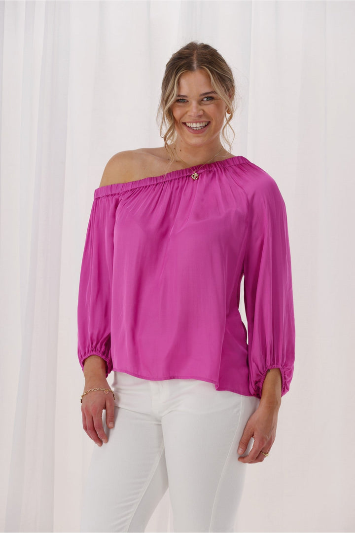 Celebrations Amerie Off The Shoulder Top Satin Fuchsia