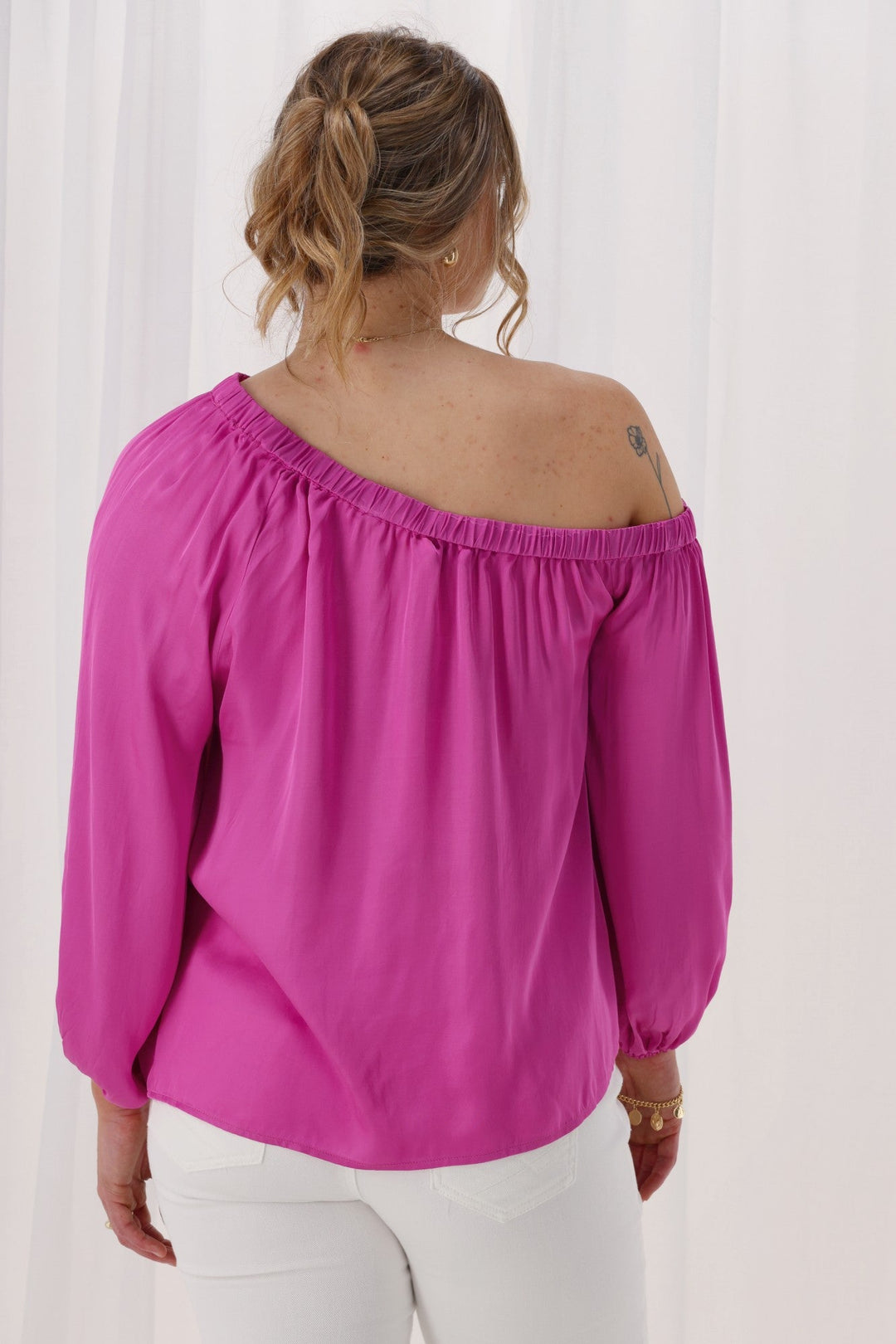 Celebrations Amerie Off The Shoulder Top Satin Fuchsia