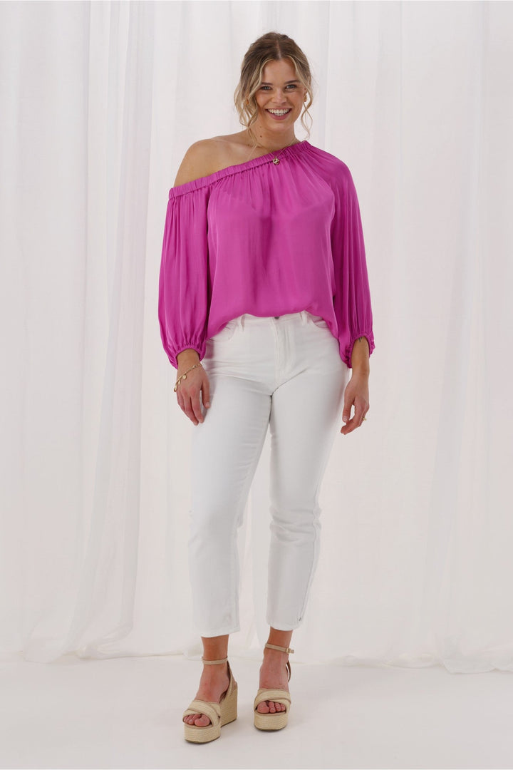 Celebrations Amerie Off The Shoulder Top Satin Fuchsia