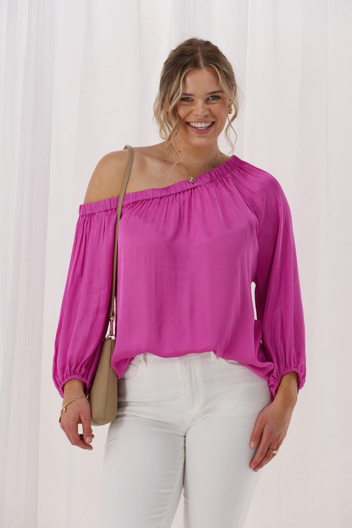 Celebrations Amerie Off The Shoulder Top Satin Fuchsia