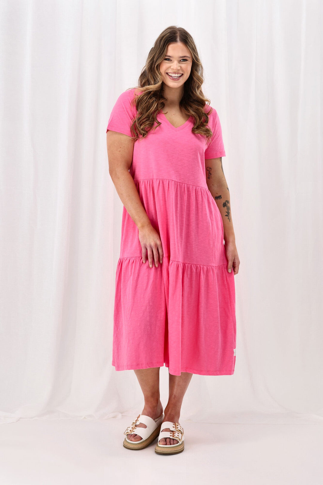 Elm Gigi Tiered Midi Dress Aurora Pink