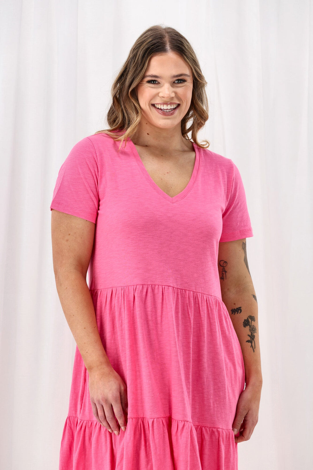 Elm Gigi Tiered Midi Dress Aurora Pink