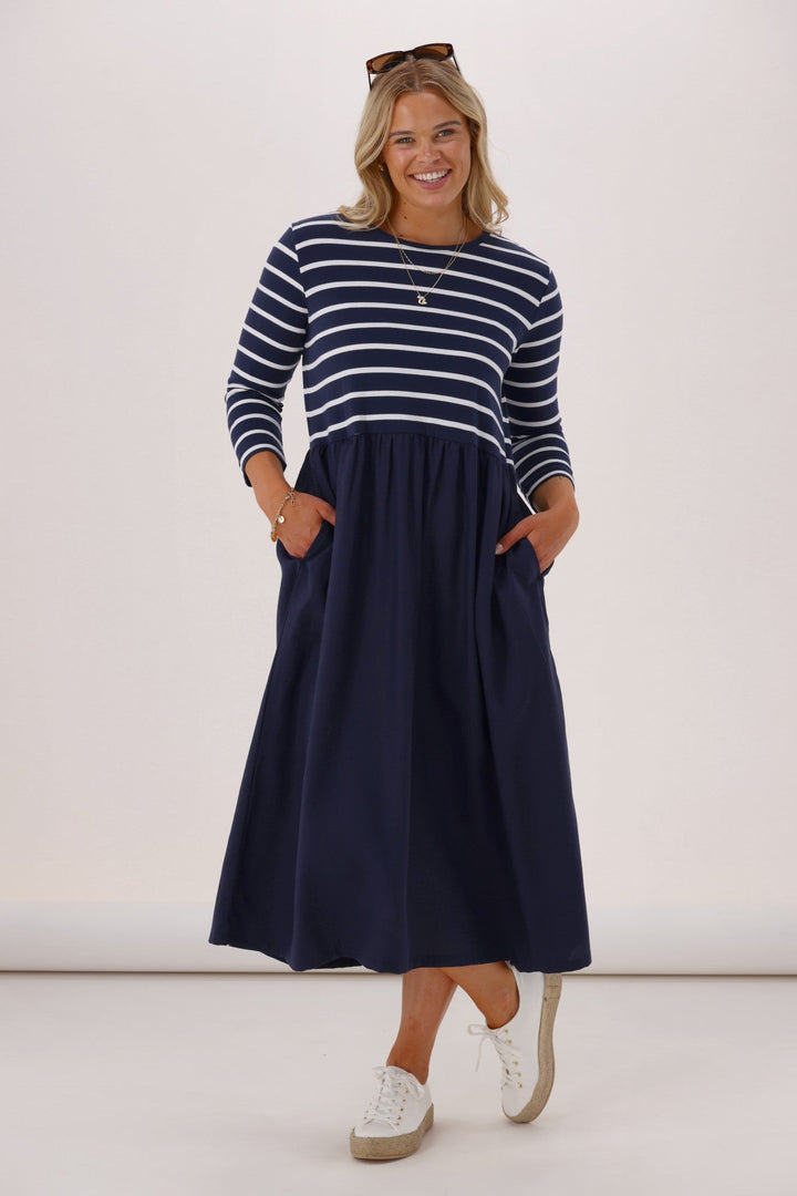 Elm Parker 3/4 Sleeve Dress Navy Stripe