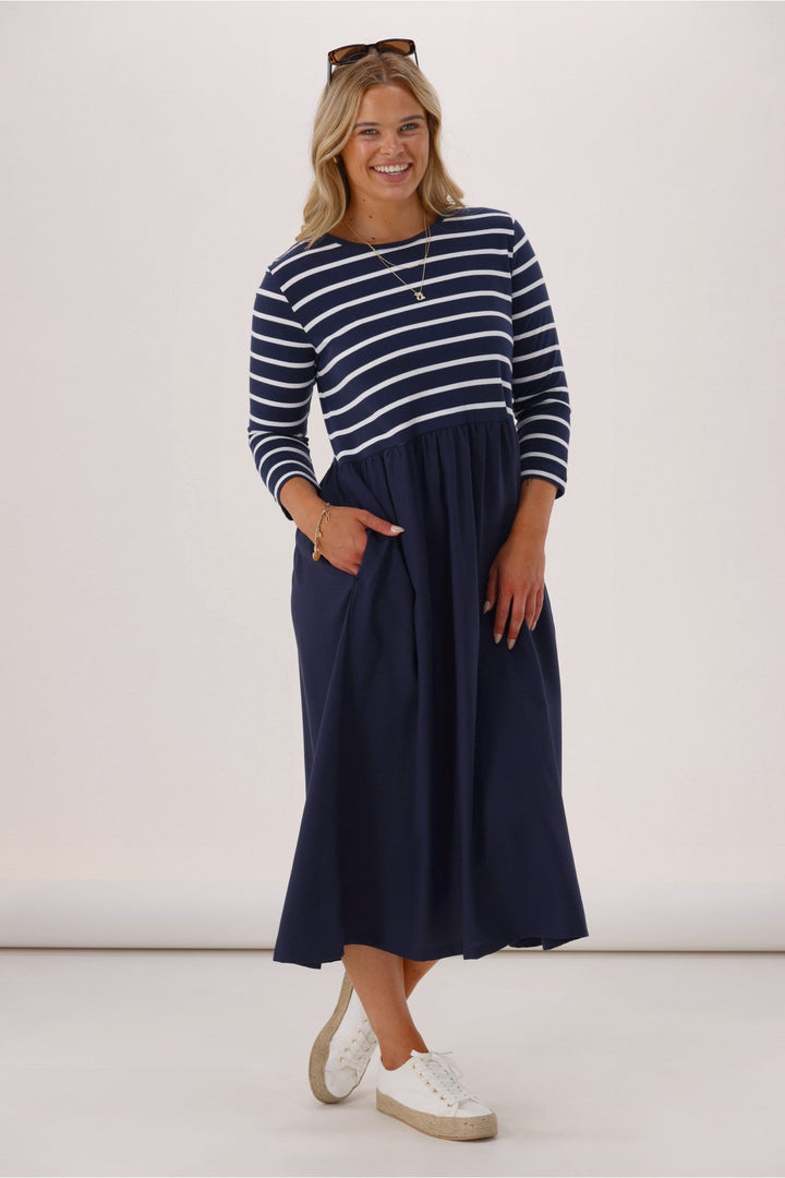 Elm Parker 3/4 Sleeve Dress Navy Stripe