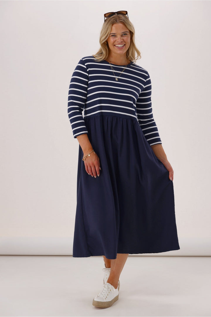 Elm Parker 3/4 Sleeve Dress Navy Stripe