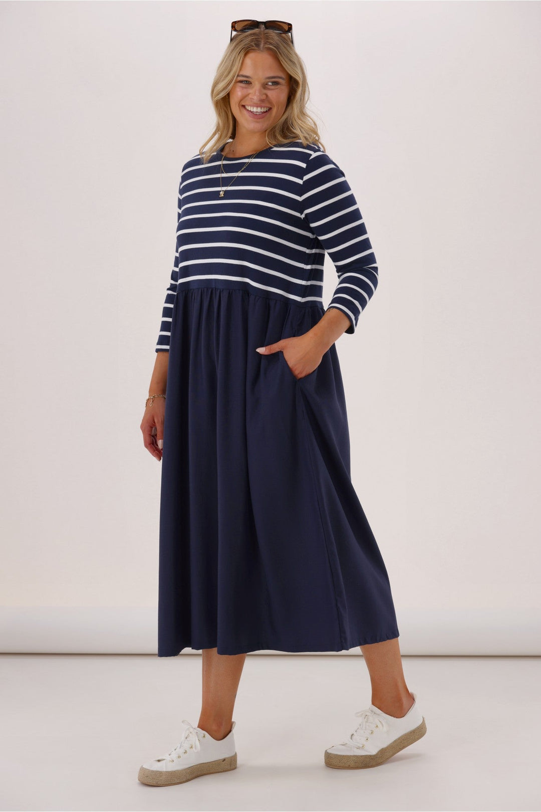 Elm Parker 3/4 Sleeve Dress Navy Stripe