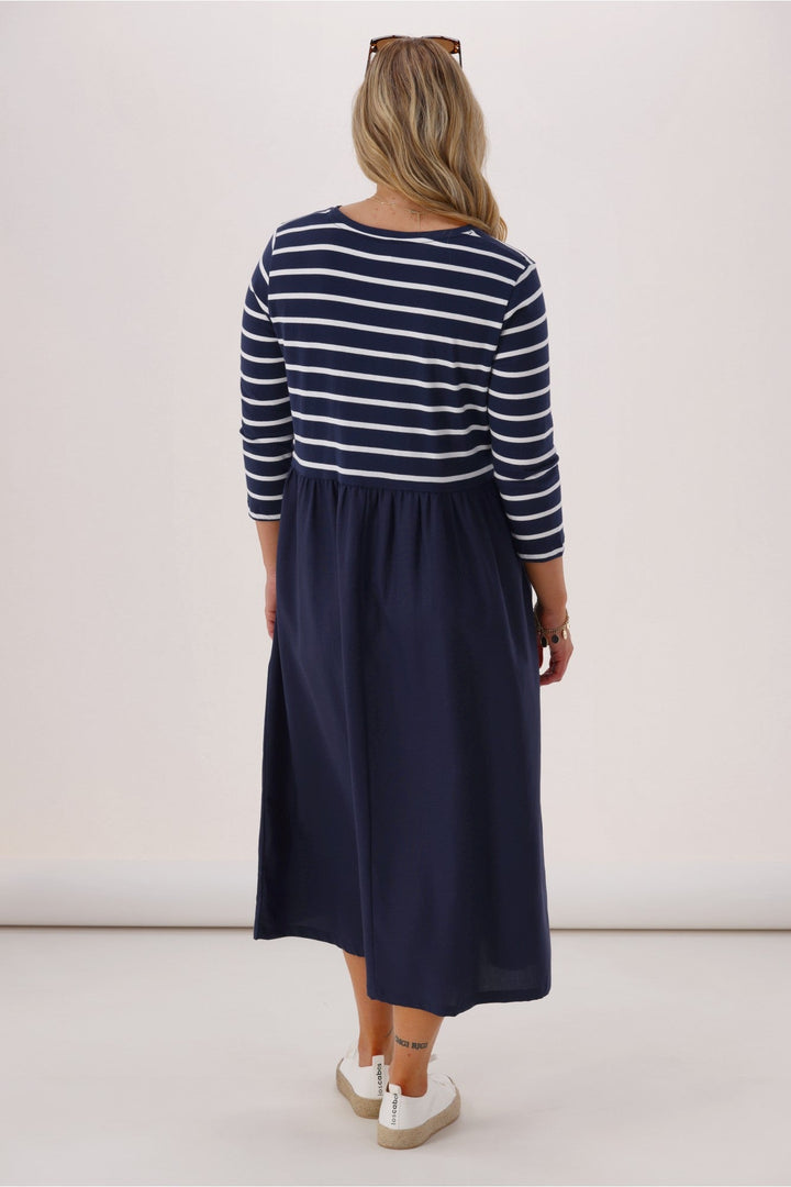 Elm Parker 3/4 Sleeve Dress Navy Stripe