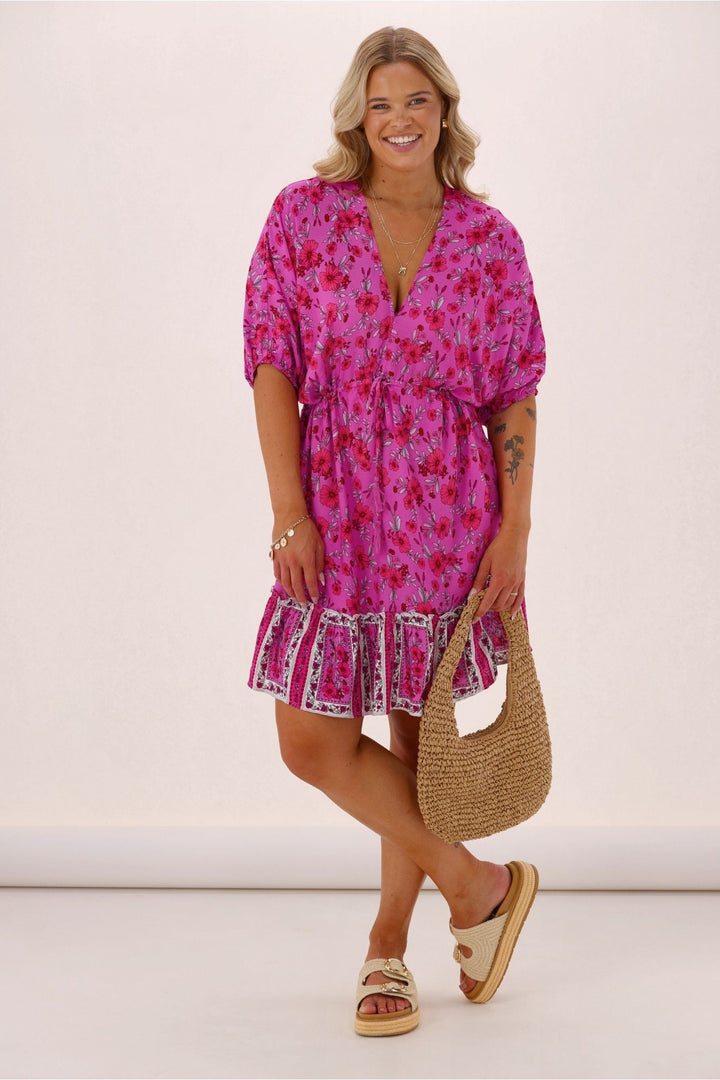 Sunday Boho Kelly Dropped Shoulder V Neck Dress Pink Print