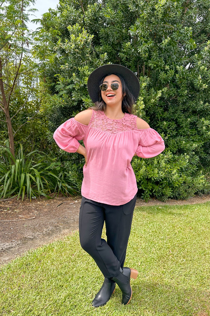Gloss by Tayla Lace Cold Shoulder Top Pink