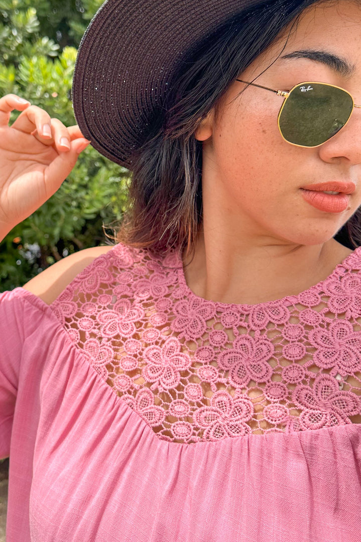 Gloss by Tayla Lace Cold Shoulder Top Pink