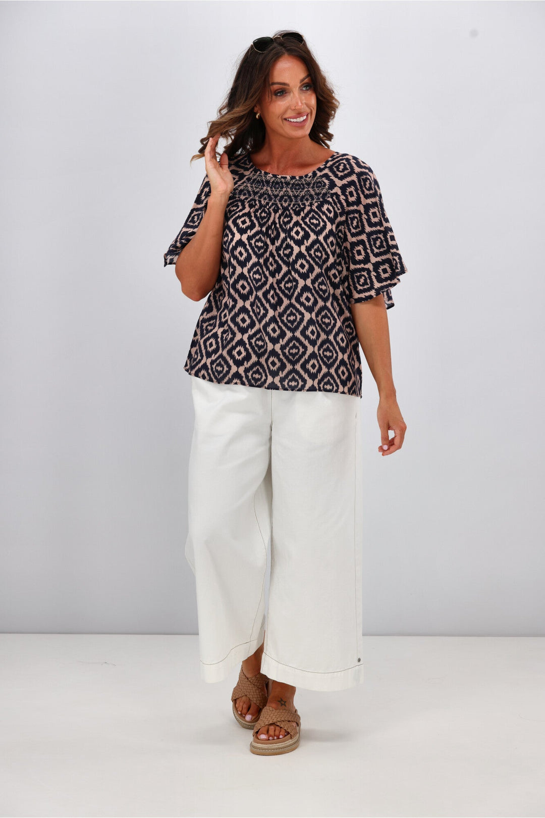 Gloss by Alesandra Flutter Sleeve Top Midnight Diamond Print