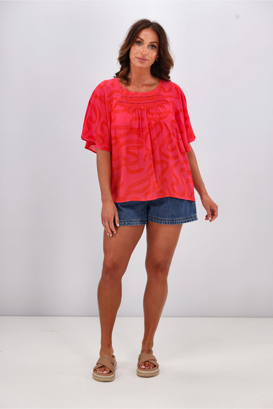 Gloss by Alesandra Flutter Sleeve Top Pink Red Ribbon Print