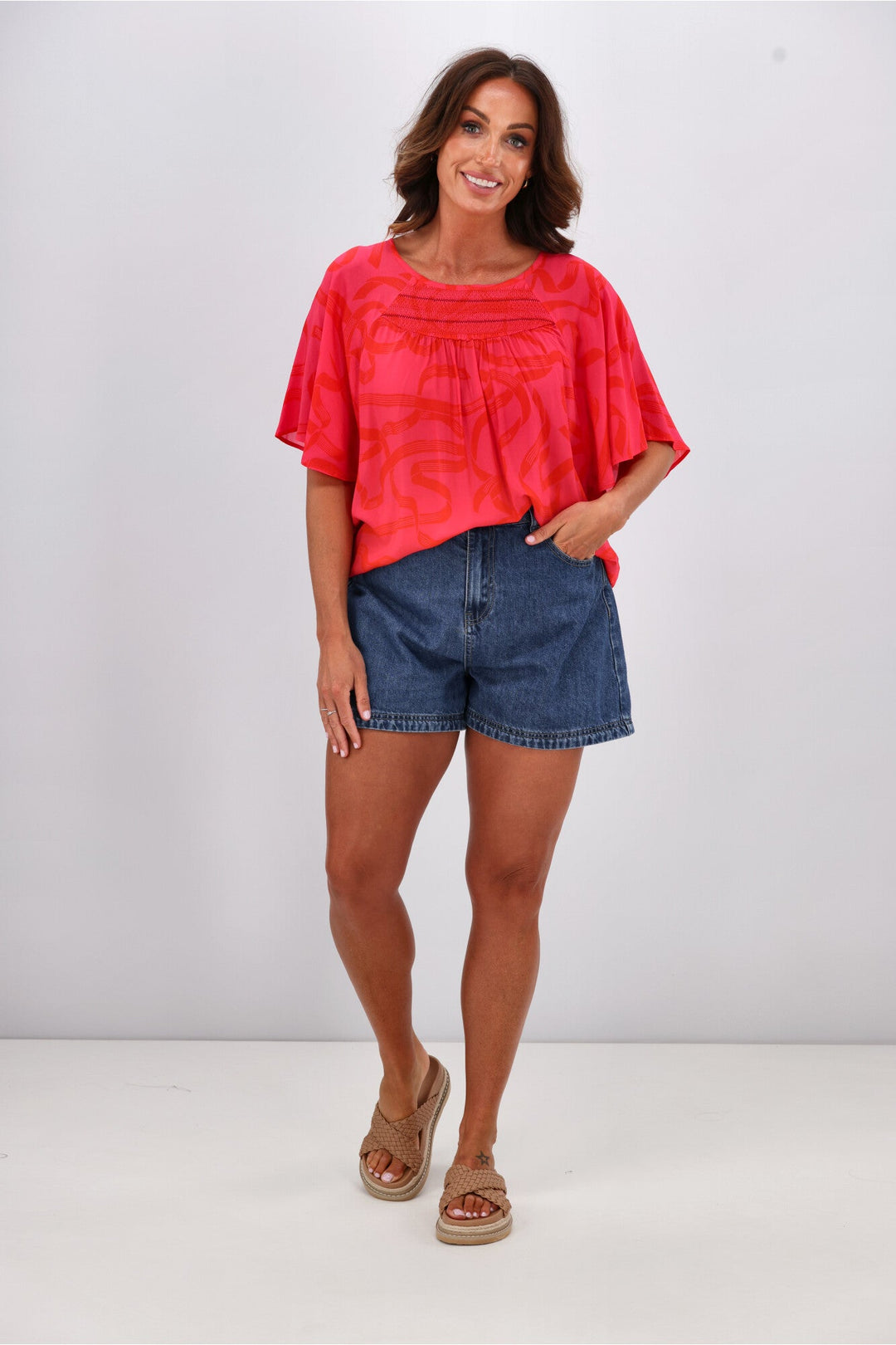 Gloss by Alesandra Flutter Sleeve Top Pink Red Ribbon Print