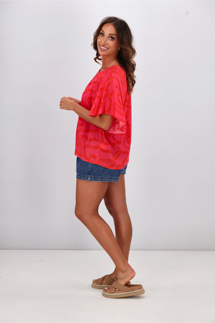 Gloss by Alesandra Flutter Sleeve Top Pink Red Ribbon Print