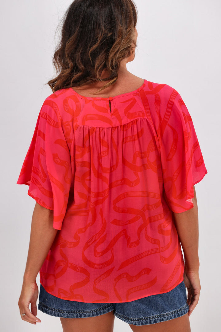 Gloss by Alesandra Flutter Sleeve Top Pink Red Ribbon Print