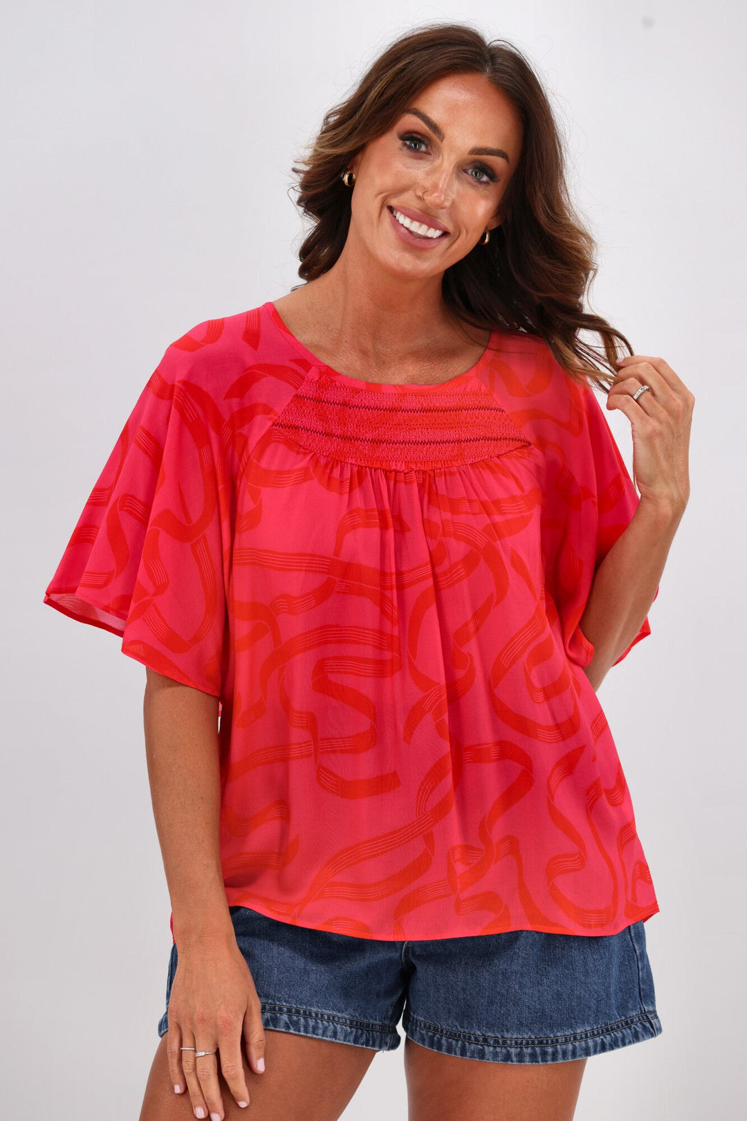 Gloss by Alesandra Flutter Sleeve Top Pink Red Ribbon Print