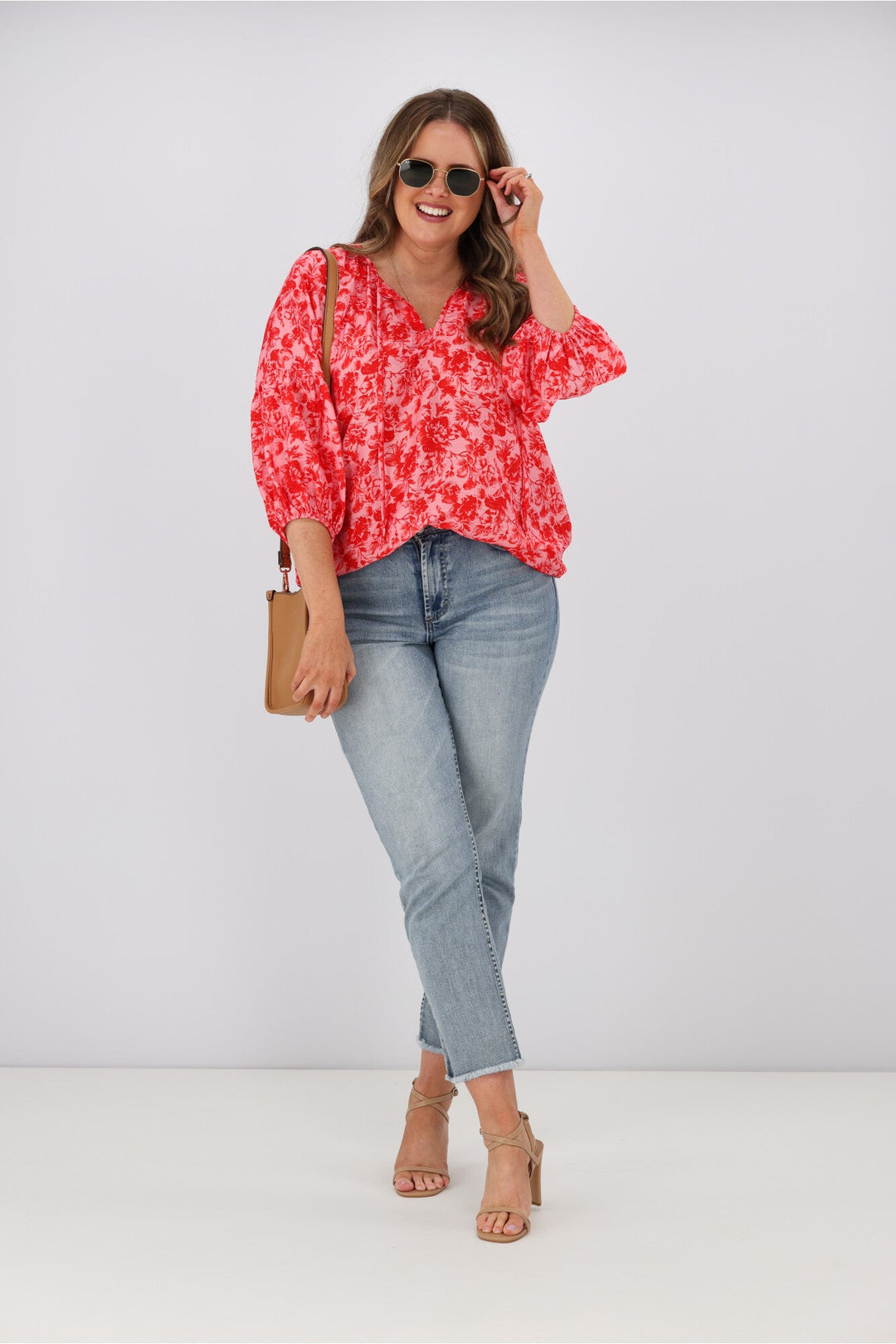 Gloss by Dana Tie Blouse Red Pink Floral