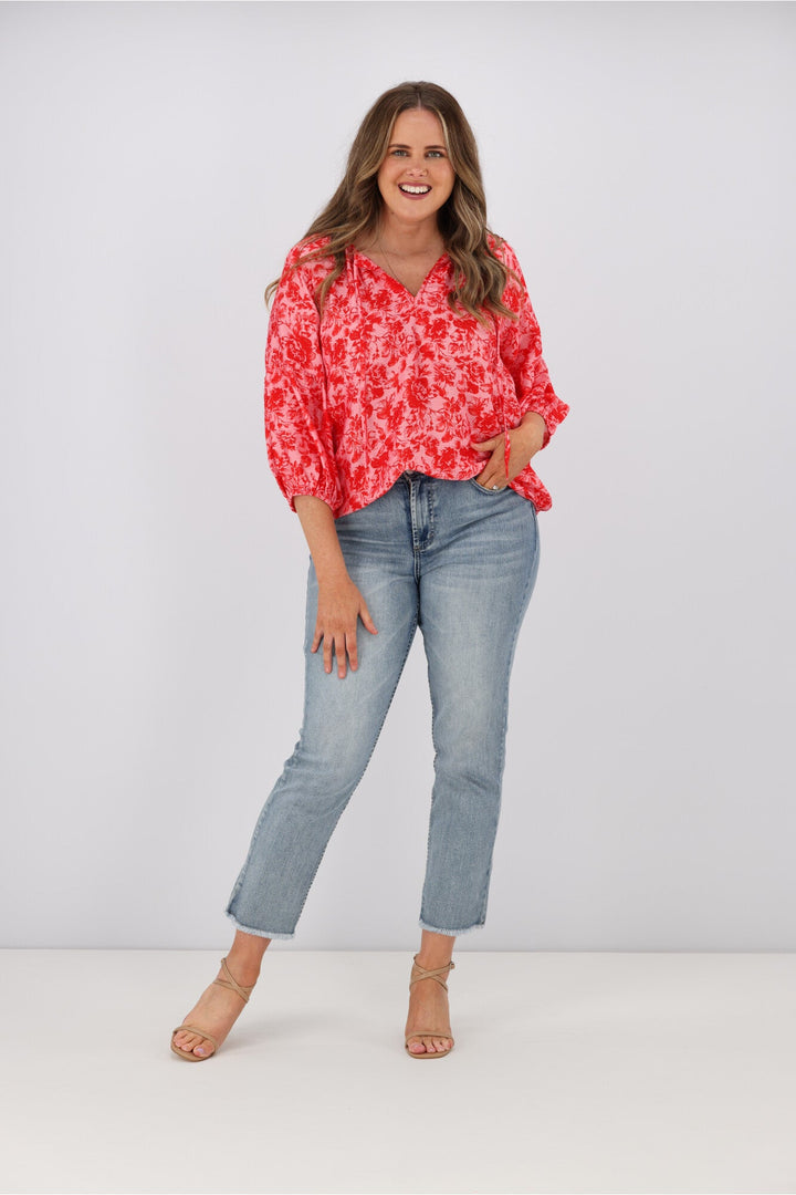 Gloss by Dana Tie Blouse Red Pink Floral