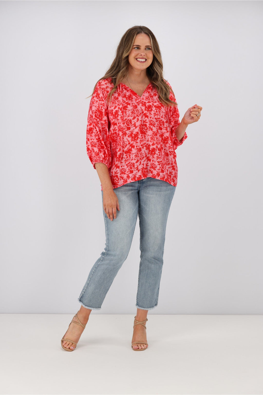 Gloss by Dana Tie Blouse Red Pink Floral