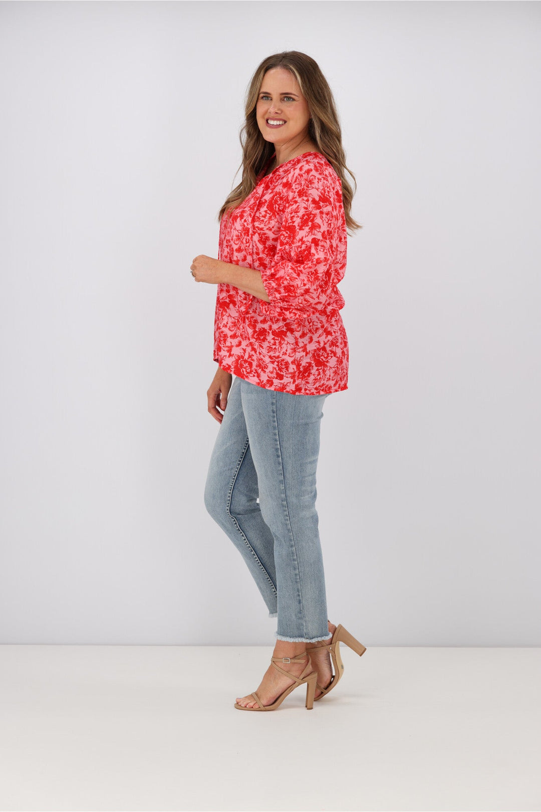 Gloss by Dana Tie Blouse Red Pink Floral