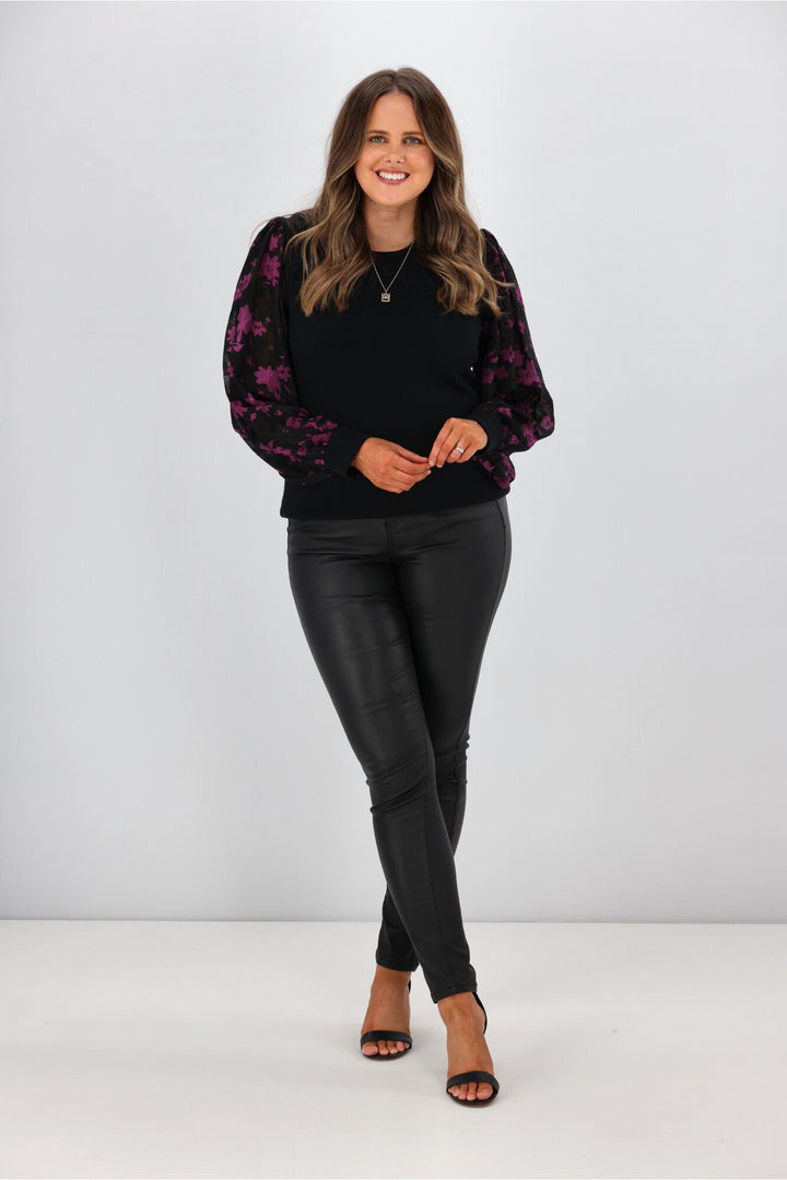 Gloss By Juliette Puffed Sleeve Top w Black Purple Floral