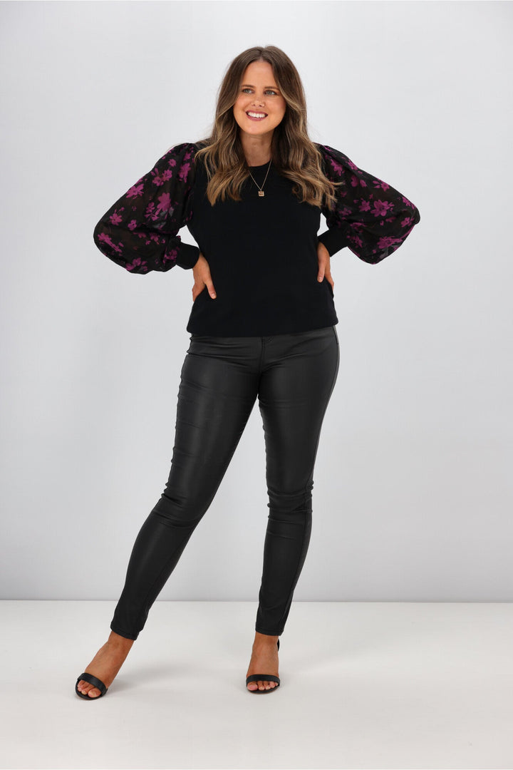 Gloss By Juliette Puffed Sleeve Top w Black Purple Floral