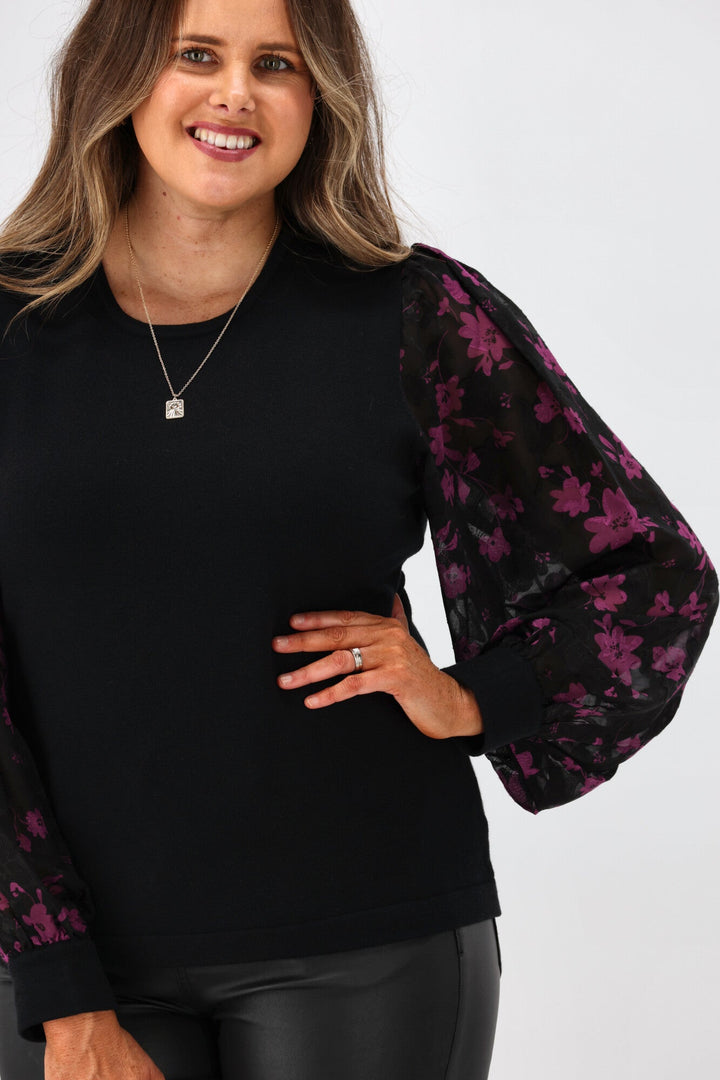 Gloss By Juliette Puffed Sleeve Top w Black Purple Floral