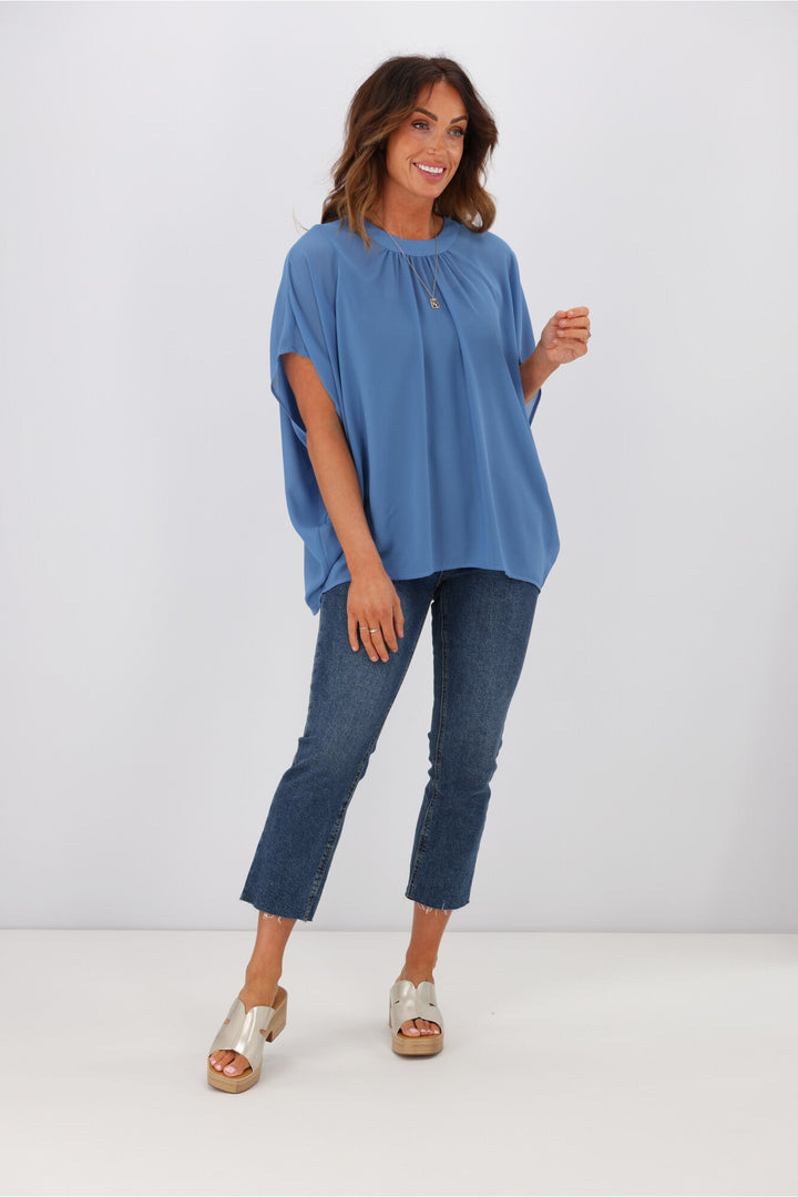 Gloss by Mathilda Batwing Tie Neck Top Blue