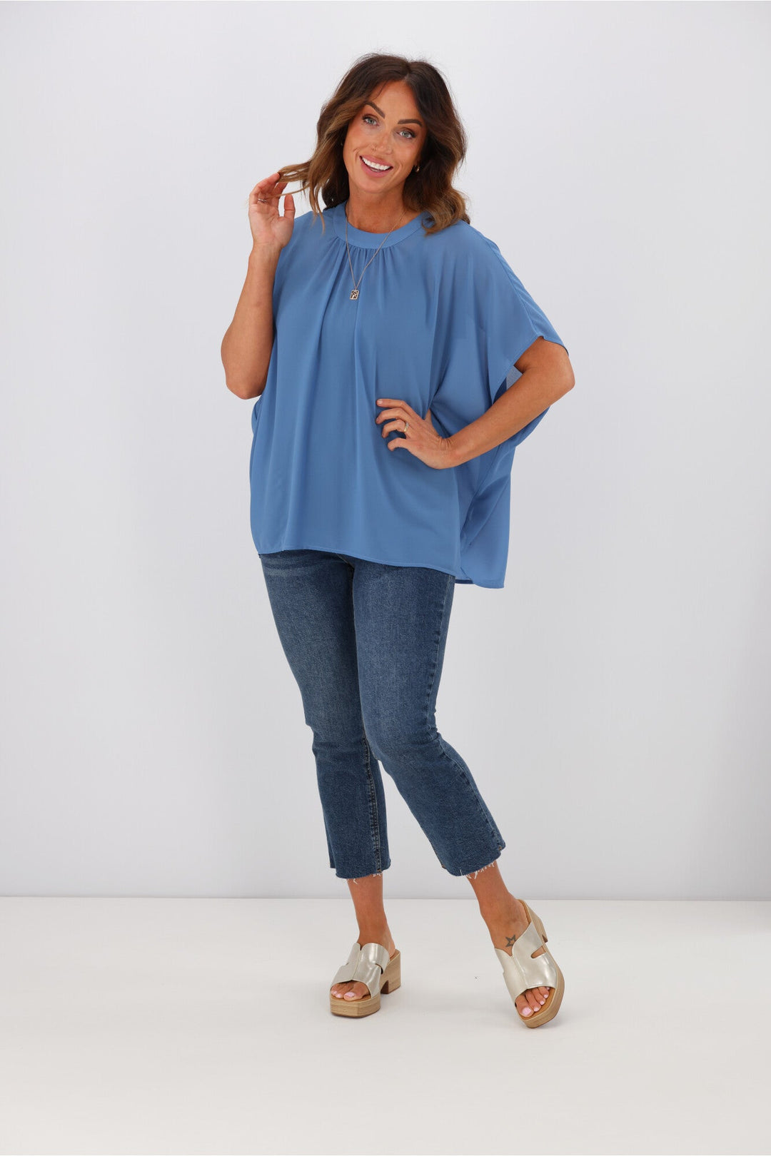Gloss by Mathilda Batwing Tie Neck Top Blue