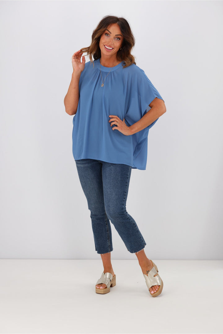 Gloss by Mathilda Batwing Tie Neck Top Blue