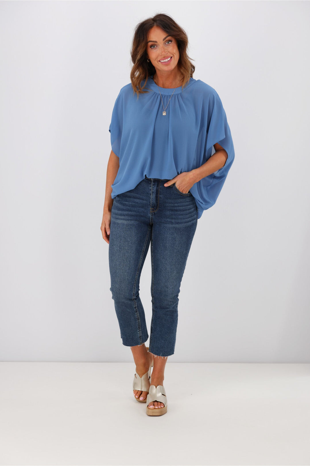 Gloss by Mathilda Batwing Tie Neck Top Blue